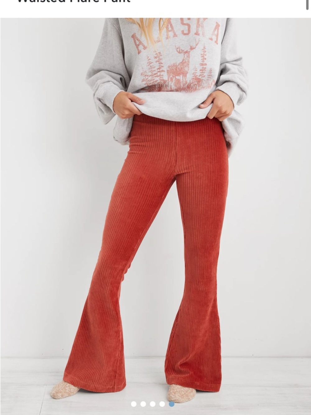 Aerie Groove On Velour High Waisted Flare Pant- Rust Red